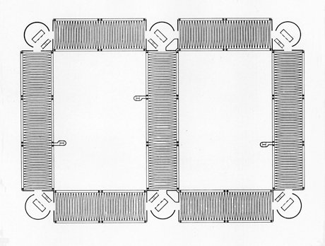 Plan showing open floors and circular access and services cores